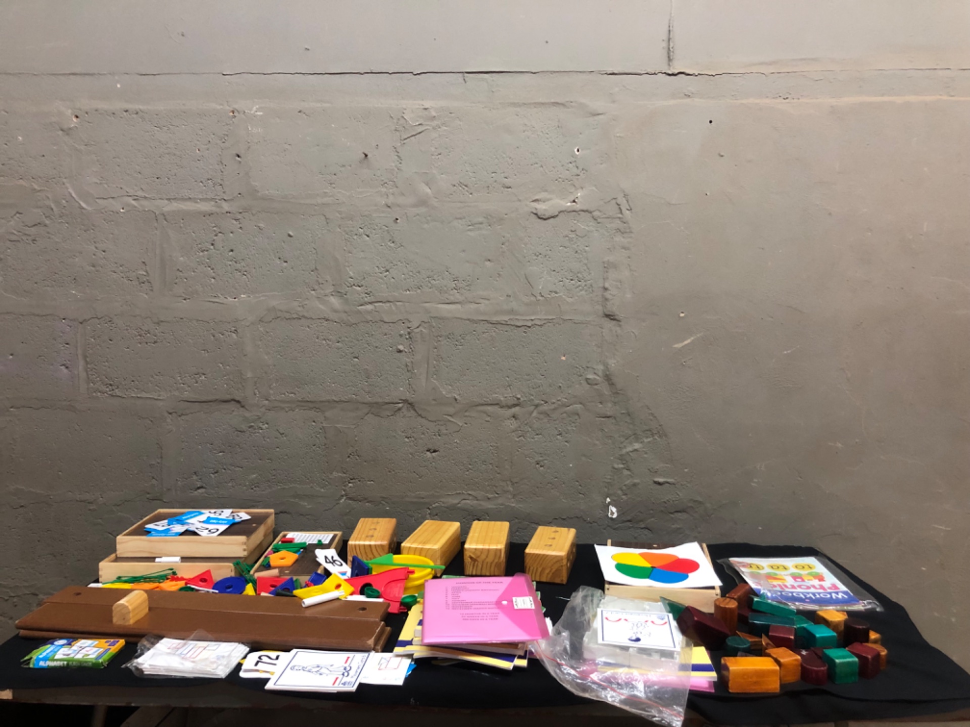 Mixed Educational Toys & Learning Aids — Wooden Blocks, Geometric Counters, Flashcards & Workbooks (Used)