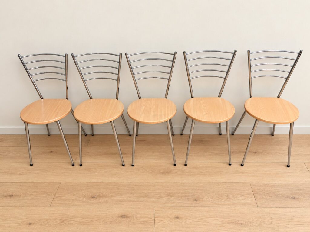 Set of 5 Chrome-Frame Dining Chairs with Round Wood-Effect Seats – Light Wear