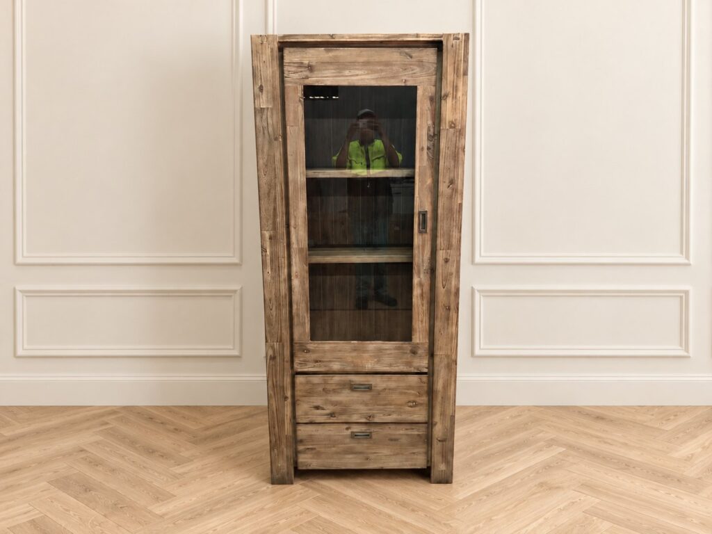 Tall Rustic Wooden Display Cabinet with Glass Door & Two Drawers