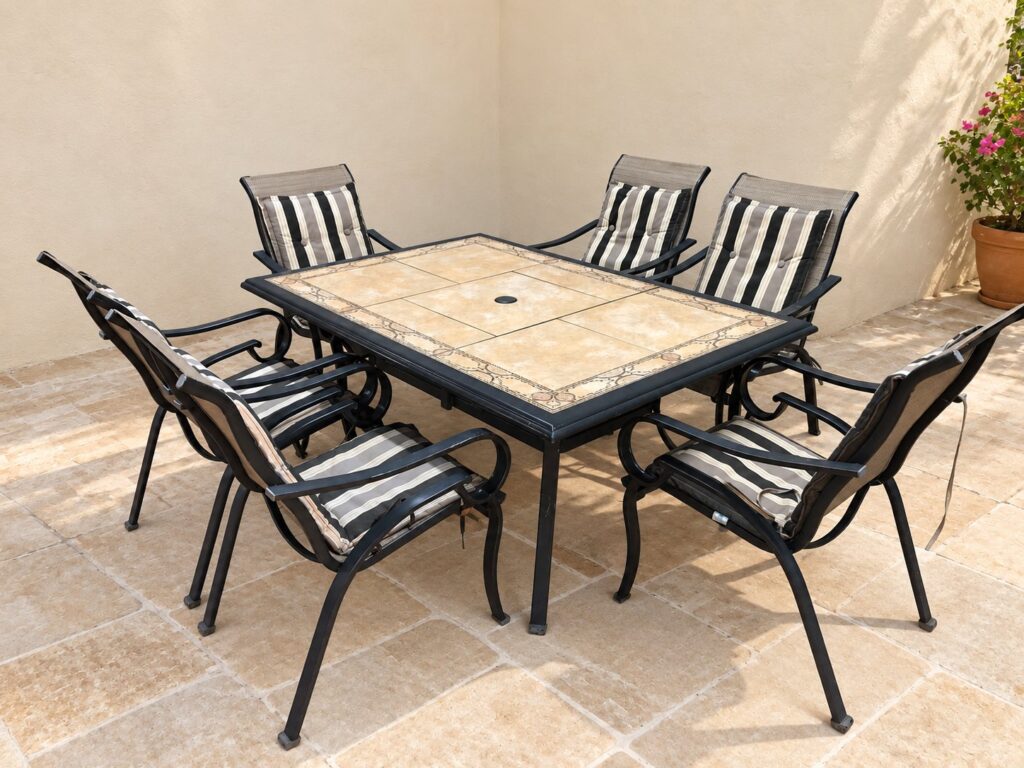 Outdoor patio dining set — rectangular tiled-top table + 6 chairs with striped cushions (used, cosmetic wear)