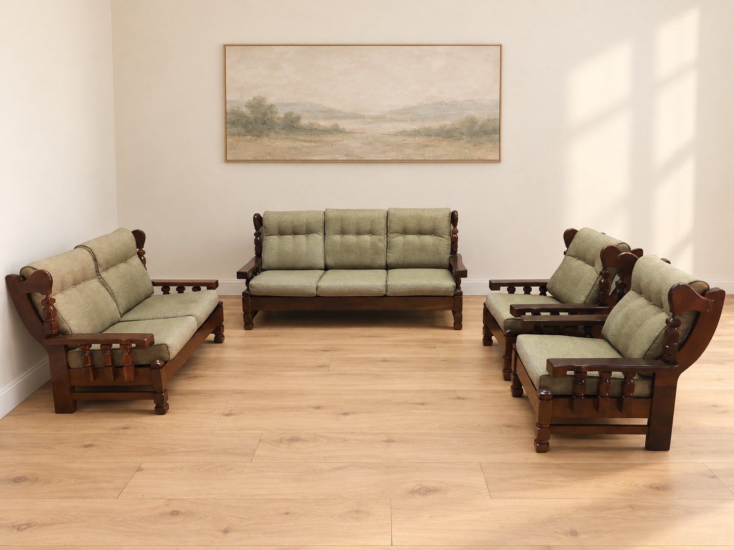 4-piece Wooden Framed Living Room Suite — 3-seat, 2-seat & 2 x Armchairs, Reupholstered Green Woven Fabric